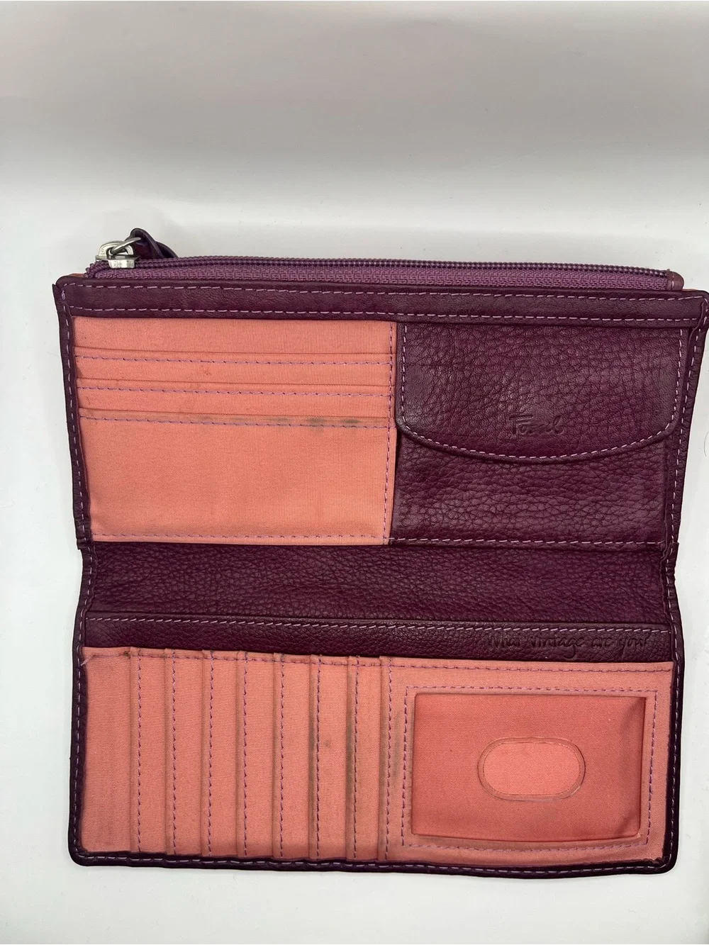 Fossil Pink Bird & Floral Leather Zip Wallet with Plum Trim